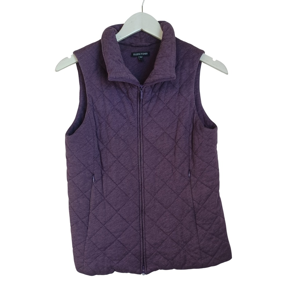 Eileen Fisher Purple Quilted Cotton Full Zip Vest Stand Collar‎ Womens XS